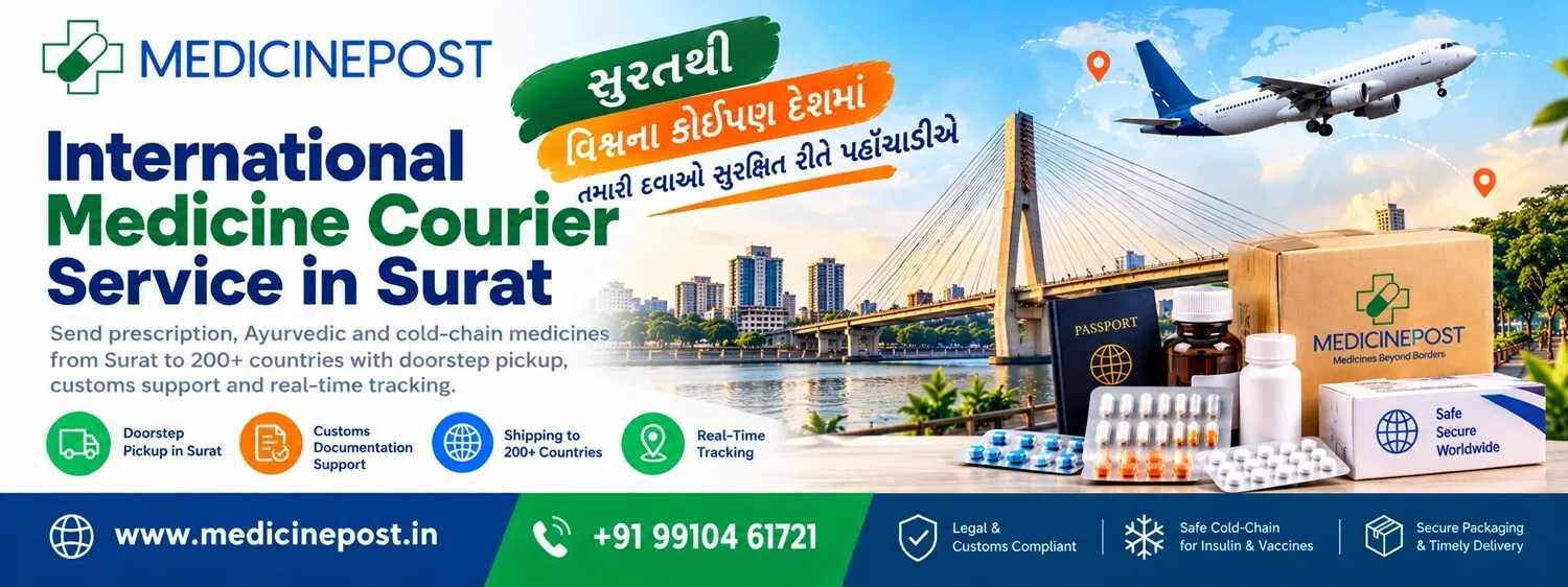 MedicinePost international medicine courier service in Surat — free doorstep pickup, customs paperwork and legal tracked delivery to 200+ countries
